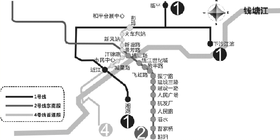 杭州地鐵1、2、4號線 部分線路示意圖 製圖 陳驍